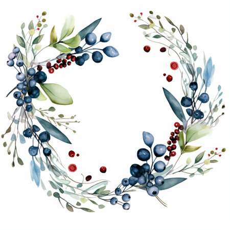 a watercolor berry wreath is showcased in this full-length wallpaper jpg. the wreath is created in a style that combines dark blue and dark aquamarine hues, resulting in an organic and naturalistic composition. the design, known as xmaspunk, features sleek and stylized elements, playful arrangements, and elaborate details, creating a festive atmosphere. ai generatedの素材