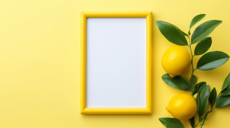 empty space frame with lemons and greens on a yellow background, featuring scanner photography, monochromatic artworks, bold primary colors, tabletop photography, nature-inspired imagery, asymmetrical framing, and bright backgrounds. ai generatedの素材