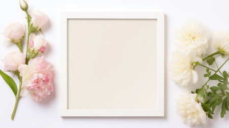 an empty wooden frame sits beneath a delicate pink flower on a white background. the photo showcases a soft and muted color palette, reminiscent of japanese minimalism. the image is captured in 8k resolution and features a combination of dark white and light beige tones. inspired by the minimalist designs of fernando amorsolo, this photo embodies the essence of anti-clutter aesthetics. ai generatedの素材