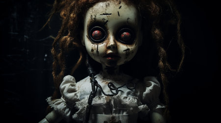 creepy doll in a dark area with a hellish background. the image features a dark white and red color scheme, with a macro zoom capturing the steampunk creatures. shot with a tokina at-x 11-16mm f/2.8 pro dx ii lens, the uhd image showcases toy-like proportions. ai generatedの素材