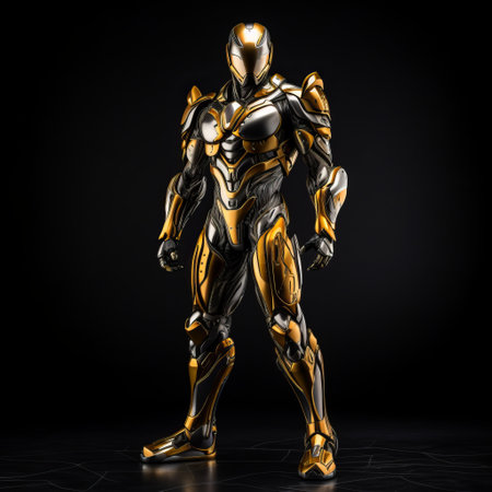 a man in a suit, adorned in yellow and silver, sits on a dark background. this photo showcases the artistry of hard surface modeling, with a liquid metal aesthetic. the image exudes a superhero vibe, with meticulous linework precision. it also reflects the influence of ssaku hanga, displaying exquisite craftsmanship and polished artistry. ai generatedの素材