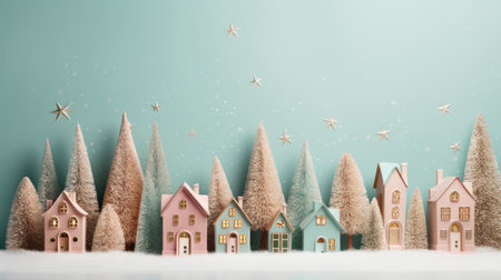 a traditional little christmas village with stars on a green background. this christmas concept captures the essence of the holiday season. the style incorporates light pink and dark aquamarine, creating a lovely and stylish atmosphere. the artwork by carl kleiner showcases earthy textures and soft variations of color, reminiscent of the work of do ho suh. ai generatedの素材