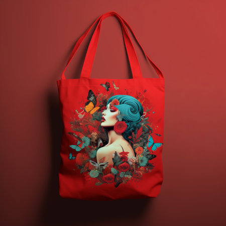 a girl holding a tote bag stands against a vibrant red background adorned with butterflies and flowers. this artwork, created in the style of harsh realism by joe madureira, showcases detailed character illustrations and a colorful storytelling approach. the use of vray technology enhances the realistic and detailed rendering of the scene, making it a captivating piece of graphic design. ai generatedの素材