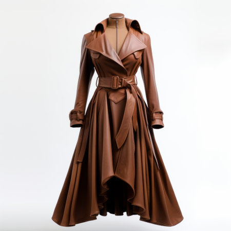 a long brown leather trench coat, inspired by the styles of zaha hadid, lisabeth vige le brun, and petrina hicks. this unique piece combines elements of the presentation of the human form, terracotta aesthetics, and a neo-victorian touch. the polished finish adds a sophisticated touch to this statement outerwear. ai generatedの素材