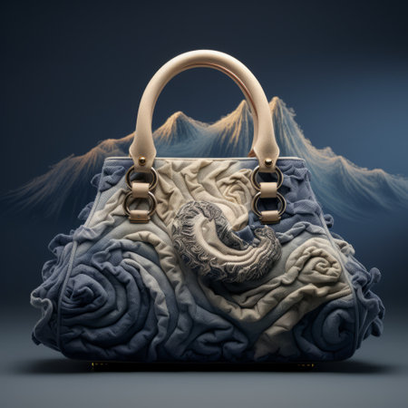 a handbag and leather purse project, inspired by surreal 3d landscapes, showcases intricately sculpted designs with a touch of japanese traditional influence. the dark sky-blue and light beige colors add a captivating contrast to the organic formations. created by the talented artist mike campau, this collection pays homage to the artistic aesthetics of the sui dynasty. ai generatedの素材