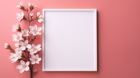 a white picture frame sits on a pink surface adorned with pink cherry blossoms. the photorealistic renderings showcase a post-minimalism style, with a bright and bold color palette of light orange and light beige. the floral accents add a touch of bloomcore to the overall composition, while the contrasting dark white and light crimson hues create visual interest. ai generatedの素材