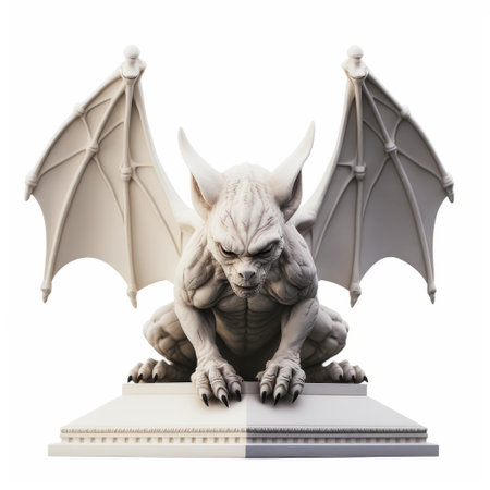 a white gargoyle 3d model on a pedestal, featuring a graphic and symmetrical style with a satirical approach. the model is showcased in narrative diptychs, with realistic color schemes and a white background. softbox lighting enhances the details, creating a referential painting effect. ai generatedの素材