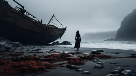 a person walks by a burned-off ship on the beach, surrounded by gothic dark and moody tones. the experimental cinematography captures the scene, showcasing dramatic poses and a romanticized depiction of wilderness. the timeless mythology and fictional landscapes add an intriguing element to this captivating image. iso 200 enhances the overall atmosphere, creating a visually stunning composition. ai generatedの素材