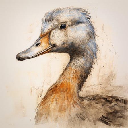 a watercolor painting of a duck with a blue head and short beak, created in the style of zbrush. the brushwork texture adds depth to the dark orange and light gray colors. this environmental portraiture showcases the duck in a neo-impressionist manner, incorporating industrial elements. the uhd image captures the intricate details of this unique artwork. ai generatedの素材