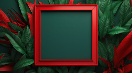 a red frame stands out against a vibrant green background, showcasing a hyperrealistic rendering of red plants. the composition exudes tropical symbolism, with a combination of dark gray and emerald hues. the vibrant colors used in this artwork evoke a sense of energy and life. this piece, reminiscent of bob ross's style, would make a captivating addition to any study place or lightbox. ai generatedの素材