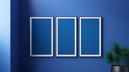 three brown frames hang on a blue wall, creating a minimalist backdrop. a potted plant adds a touch of greenery to the scene. the frames, in dark azure and silver, stand out against the vibrant blue background. this high-resolution image showcases the beauty of collecting and different modes of display. ai generatedの素材