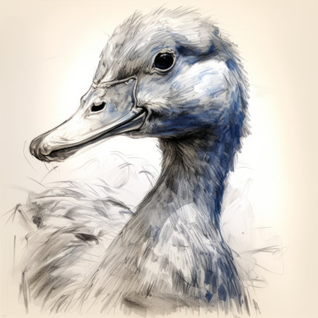 a sketch of a white duck with a beige background, featuring a characterful animal portrait in the style of dark gray and azure. this digitally enhanced artwork, created using post-processing techniques and zbrush, captures the essence of the duck's unique features. created by the talented artist willem haenraets, the light indigo and dark gray tones add depth and dimension to the image. ai generatedの素材