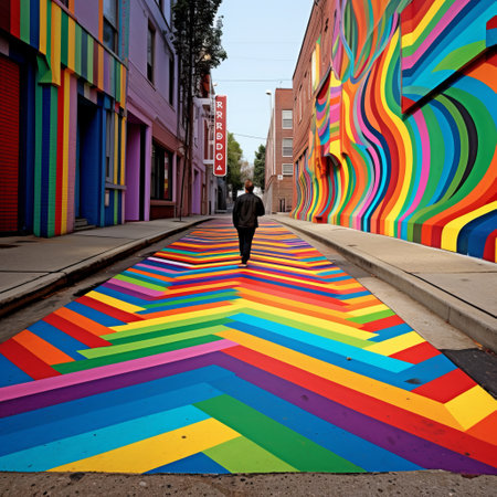 street art inspired by carlos cruz-diez's vibrant style. striped fabric with colorful stripes arranged in rectangular fields, creating a mosaic-like effect. vibrant, eye-catching, and dynamic artwork that captures the essence of cruz-diez's artistic vision. ai generatedの素材