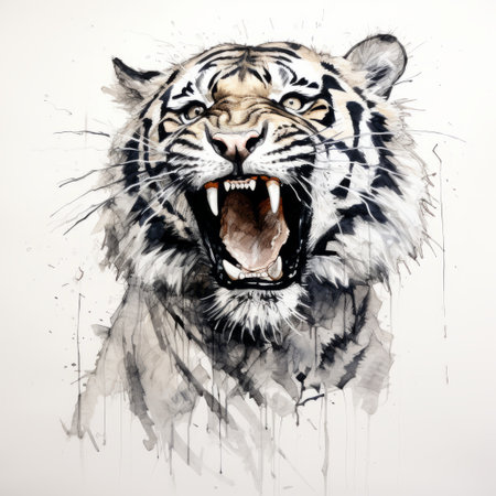a tiger with its mouth wide open is depicted in this emotionally charged illustration. created in the style of modern european ink painting and spray painted realism, the artwork showcases a contemporary indian art influence. the dark and light white tones, along with the destructive and dripping paint effect, add a unique and captivating element to the piece. ai generatedの素材