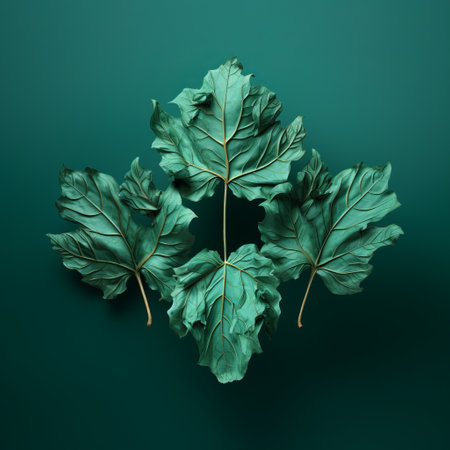 four leaves on a green background stock photo featuring realistic surrealism. the image showcases dark teal tones and nature-inspired installations. rendered in cinema4d, it displays detailed botanical illustrations with a touch of neo-classical symmetry. the overall effect is reminiscent of ephemeral installations. ai generatedの素材
