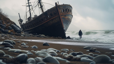 a ship's sails rusting in the sand on a mountain of rocks, captured in the style of detailed atmospheric portraits by polixeni papapetrou. this photograph showcases atmospheric and moody landscapes, with a tilt-shift effect reminiscent of elihu vedder's work. the realistic portrayal and cinematic composition add depth and intrigue to this captivating image. ai generatedの素材