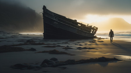 a person walks on the beach with an abandoned boat in the background, showcasing the darkly romanticism style. the photo captures the essence of redshift and environmental awareness. the stunning navy and bronze tones add depth to the 32k uhd image, while the topographic photography highlights the natural beauty of the scene. ai generatedの素材
