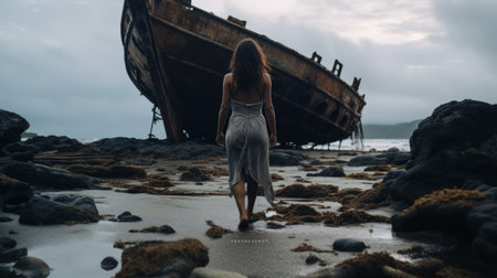 a girl walks through a rocky land on white sand, surrounded by the remnants of an abandoned ship. the photo captures the moody and evocative color palettes, showcasing the raw emotions of the scene. the schlieren photography technique adds a unique touch to this restored and repurposed beach portrait, highlighting the rusty debris in stunning uhd quality. ai generatedの素材