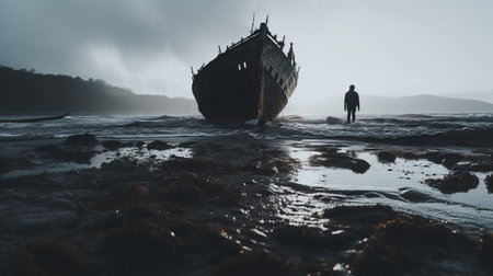 a person stands in front of a distressed boat on the beach, creating an eerie landscape. the photo captures the essence of romantic depictions of historical events, with its vray tracing and darkly romantic illustrations. the analogue filmmaking style adds a nostalgic touch, while the 8k resolution ensures stunning detail. this image could easily grace the pages of national geographic. ai generatedの素材