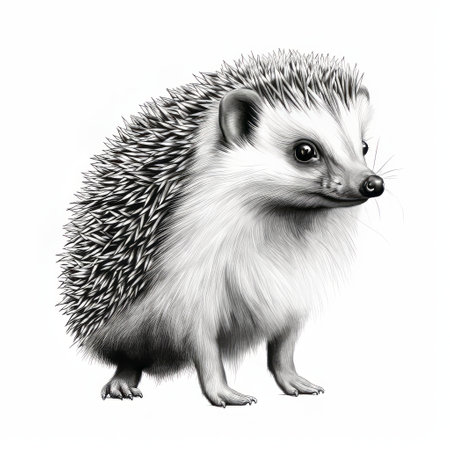 a hyperrealistic, monotone drawing of a hedgehog is showcased in this isolated image. the intricate details and realistic oil portrait style make it reminiscent of whimsical illustrations found in children's books. this characterful animal portrait, with its rtx on effect, captures the charm and essence of the hedgehog in a captivating illustration. ai generatedの素材