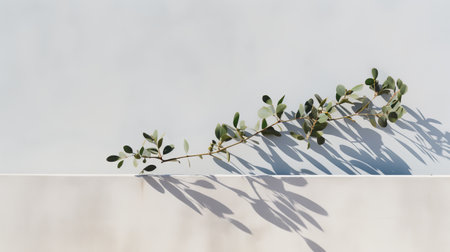 a plant with green leaves is captured in this photo, showcasing a muted and minimalist composition. the contrasting shadows add depth to the image, reminiscent of concrete poetry. influenced by artists like lilia alvarado and dimitry roulland, this low-angle shot beautifully captures the essence of mediterranean landscapes. ai generatedの素材