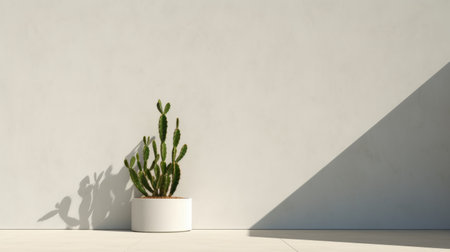 a cactus sits in front of a flat space on a wall, showcasing vray tracing and a light beige and white color scheme. the backlit photography captures the cactus in a realistic rendering, highlighting the freeform minimalism. the polished concrete background adds to the soft edges and blurred details of the image. ai generatedの素材