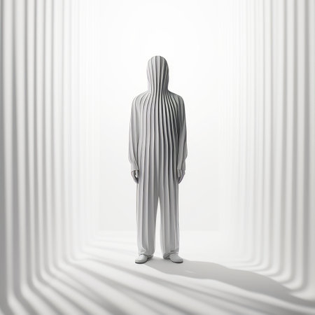 abstract hooded man standing in an open room, rendered in 3d. the composition features light white and light silver stripes, minimalist textiles, and neo-classical forms. the artwork showcases trace monotone and psychological phenomena illustrations, all presented in a monumental scale. ai generatedの素材