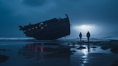 a nightwalker emerges from a decaying shipwreck on a desolate beach, waves crashing in the background. this candid, full-body shot captures the eerie beauty of the scene. find this haunting image in 600px resolution on unsplash. ai generatedの素材