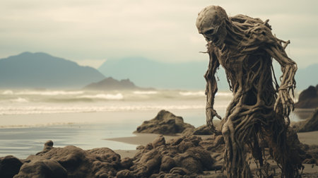 an eerie abomination emerges from a decaying shipwreck on a desolate beach, with crashing waves in the background. this captivating photo captures the mysterious beauty of the creature in its natural habitat. find this stunning image of the abomination in 600px resolution on unsplash. ai generatedの素材