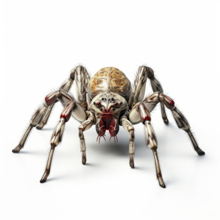 an adult spider crawls across a white floor in this hyper-detailed, realistic rendering. the photo captures the expressive character designs of the spider, with its light beige and red colors standing out against the background. the chrome-plated appearance and layered fibers add to the intricate details of this national geographic-style image. ai generatedの素材