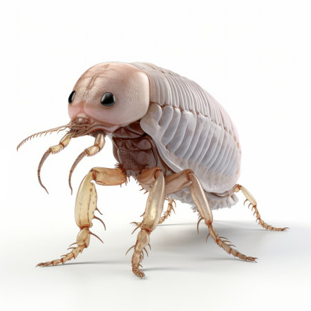 a white-out flea on an indoor white background, depicted in a hyper-realistic sci-fi style. this meticulously detailed, cartoony character resembles a grotesque caricature, reminiscent of a national geographic photo. the image showcases a combination of light magenta and beige tones, creating a high-resolution visual experience. ai generatedの素材