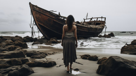 a wandering soul emerges from a decaying shipwreck on a desolate beach, waves crashing in the background. this candid, full-body shot captures the haunting beauty of the scene. find this mesmerizing image in 600px resolution on unsplash. ai generatedの素材