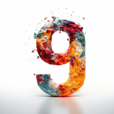 a vibrant and eye-catching stock photo featuring a colorful number 9 letter on a clean white background. this artistic image, inspired by the style of jeremy geddes, showcases fluid color combinations reminiscent of zbrush and cham soutine. the bold lettering stands out against textured impasto layers, creating a visually striking composition. matthias haker's influence can be seen in the overall aesthetic of the photo. aiの素材