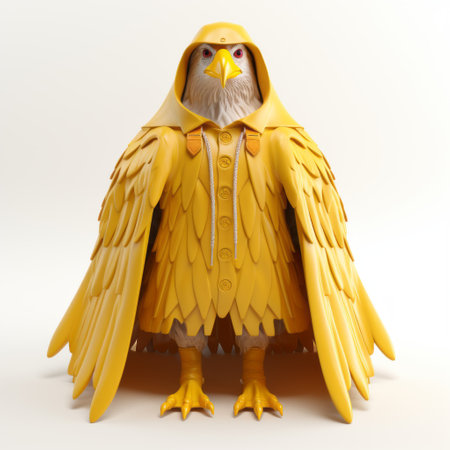 a 3d printed statue of an eagle wearing a red jacket, showcasing a unique blend of futuristic surrealism and cartoony characters. the statue features intricate attention to detail in the costume and fashion, with a light beige and yellow color scheme. the graphics resemble xbox 360 quality, and the sculpture highlights characterized animals through the use of ray tracing technology. ai generatedの素材