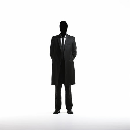 a business man in a suit and tie stands with his hands out, portrayed in monochromatic shadows. this minimalist surrealist image, reminiscent of jaume plensa's style, showcases detailed costumes and conceptual minimalism. the elongated and dramatic figure evokes elements of grant wood's artistic influence. ai generatedの素材