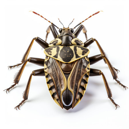 a bug with black and white stripes is isolated on a white background. the bug's symmetrical asymmetry is enhanced by the style of light yellow and brown. the large format lens captures the bug's details in dark indigo and bronze tones, highlighting its sharp edges and angles. the frontal perspective adds depth to the image. ai generatedの素材