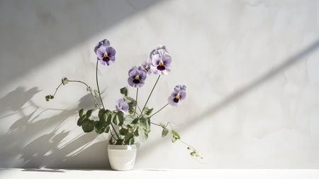 a white vase filled with purple pansies sits on a table, showcasing a juxtaposition of light and shadow. the minimalist design and muted colorscape mastery create an anti-clutter aesthetic. the sunrays shining upon the vase highlight its light gray hue, while the use of fujifilm velvia enhances the environmental awareness of the composition. ai generatedの素材