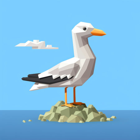 a small white bird with fins stands on a rock in a low poly style, against a backdrop of calm seas and skies. the pixel-perfect design showcases bold character designs and interlocking structures. this image also incorporates americana iconography, creating a unique and visually striking composition. ai generatedの素材