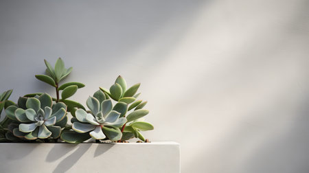 two small plants emerge from a white base, showcasing a striking juxtaposition of light and shadow. the photo captures subtle color gradations and a focus on materials, embodying the essence of desertwave and urban minimalism. the orderly arrangements create a visually pleasing composition, while sunrays gracefully shine upon the scene. ai generatedの素材