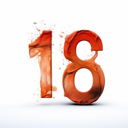 an orange painter's number 18, featuring vibrant paint splashes, stands out against a clean white background. this artwork showcases the artist's mastery of lettering, sculpting in the style of zbrush, and creating realistic, lifelike figures. the use of cryengine, polychrome terracotta, and photo-realistic techniques adds depth and richness to this captivating piece. ai generatedの素材