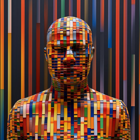 the photo showcases a vibrant and visually captivating artwork composed of colorful pieces. the artwork resembles illusory wallpaper portraits with stripes, shapes, and realistic human figures. it also features city portraits and modular sculptures, creating a sense of depth and texture on the canvas. the use of red, yellow, blue, and green colors adds to the overall visual appeal. ai generatedの素材