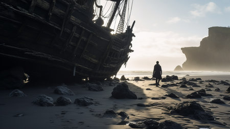 a shadow demon emerges from a decaying shipwreck on a desolate beach, with crashing waves in the background. this candid, full-body shot captures the eerie atmosphere and showcases the creature's haunting presence. find this 1x image on unsplash, available in 600px resolution. ai generatedの素材