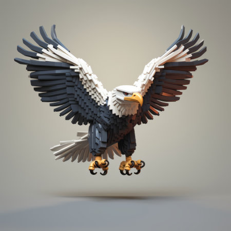 a lego bald eagle for t-shirt print, featuring energetic and dynamic compositions in the style of vray tracing. this modular sculpture showcases a subtle use of light and shadow, with a color palette of dark white and dark navy. the low-angle shots capture the graceful movements of the majestic bird. ai generatedの素材