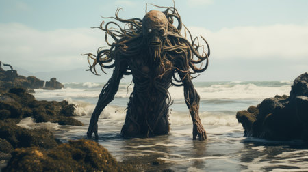 an eerie abomination emerges from a decaying shipwreck on a desolate beach, with crashing waves in the background. this captivating 1x image, available on unsplash, showcases the creature's full-body presence. the photo, in 600px resolution, captures the haunting beauty of the scene. ai generatedの素材