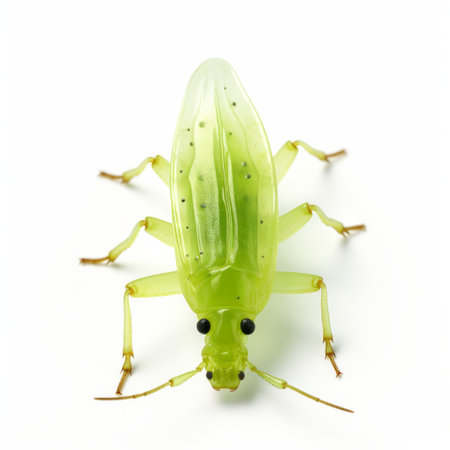 bright green bug on white background, resembling elke vogelsang's style. the bug is made of plastic, with layered translucency. the composition is reminiscent of jean nouvel's use of light yellow and light indigo. the bug's appearance is similar to kji morimoto's luminescent installations. ai generatedの素材