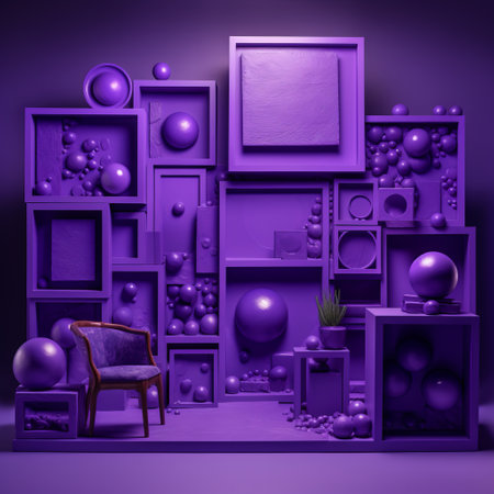 a room with purple balls is depicted in this 3d rendering. the abstract architecture of the virtual ipad resembles texture-rich canvases and handcrafted objects. the monochromatic color scheme creates a juxtaposition of objects, including detailed miniatures. the bold and colorful large-scale ceramic elements add vibrancy to the scene. ai generatedの素材