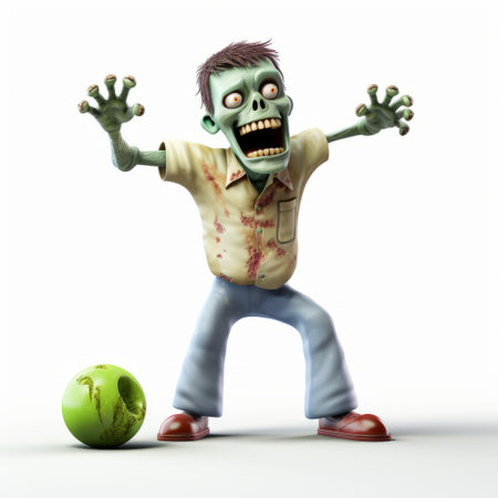 an arm zombie holding an apple in a dynamic pose. this 3d photo, shot on 70mm, features a vibrant color palette of light purple and green. the full-body shot captures the lively facial expressions of the zombie, while the zone focusing technique adds depth to the image. ai generatedの素材