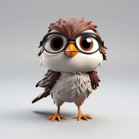 the owl model character, wearing glasses, is depicted in a playful cartoon style rendered in cinema4d. this hyper-realistic bird study showcases light white and brown tones with jagged edges. the uhd image captures the cute and cartoonish design of the owl. ai generatedの素材
