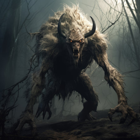 a monster wallpaper featuring a demon in the style of atmospheric woodland imagery. this hyper-detailed rendering showcases a dark white and light amber color palette, reminiscent of germanic art. captured with a sony alpha a7 iii, this national geographic-worthy photo is available in stunning 32k uhd resolution. ai generatedの素材