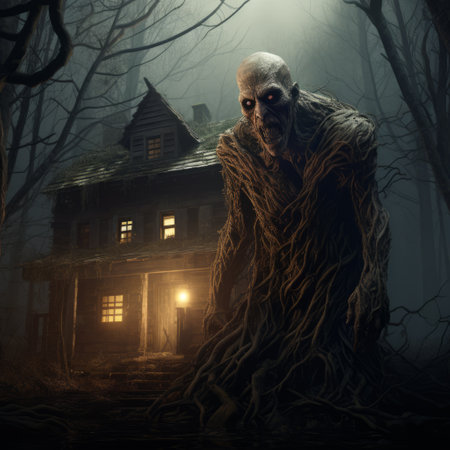 scary houses wallpaper featuring realistic depictions of human form and twisted branches. these 32k uhd wallpapers showcase rustic figurative elements and a realistic depiction of light. with a touch of manapunk aesthetic and detailed character design, these wallpapers are perfect for those seeking a hauntingly captivating atmosphere. ai generatedの素材